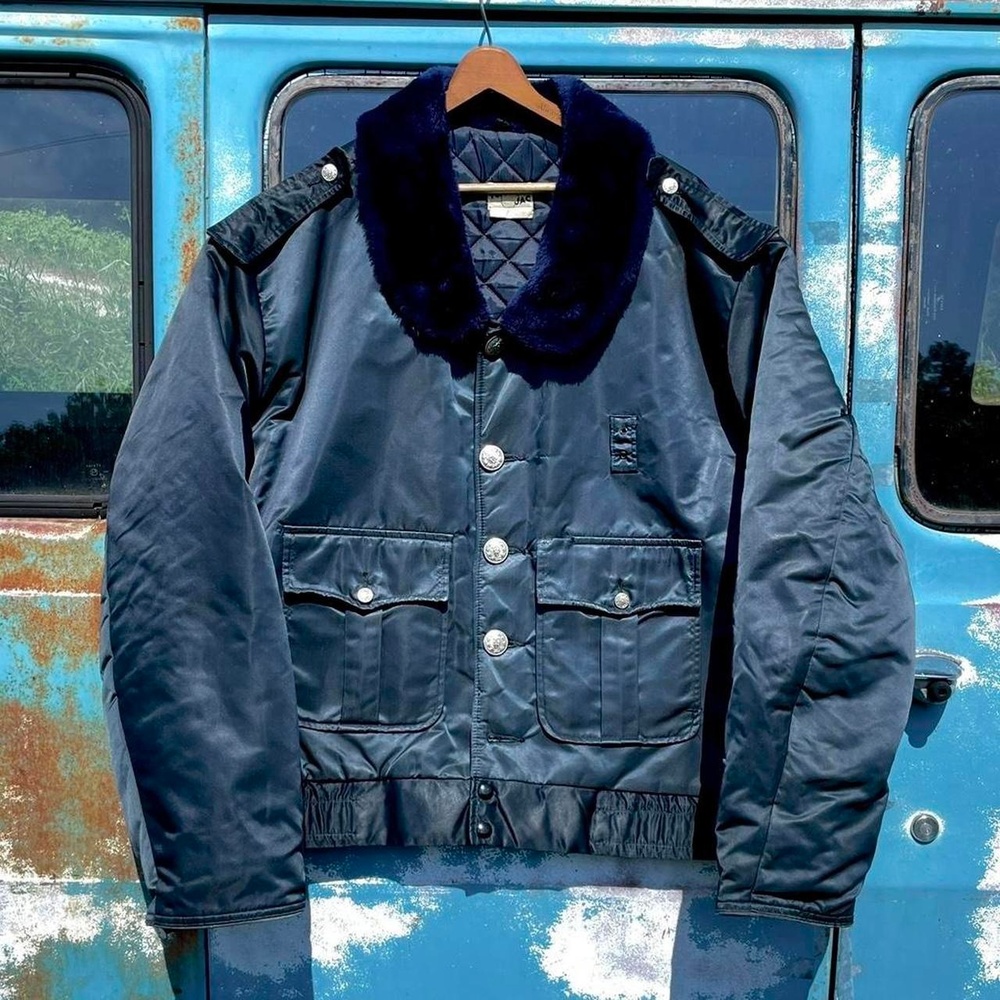 70s heavy-duty navy satin nylon police issue cruiser jacket w/ faux fur collar